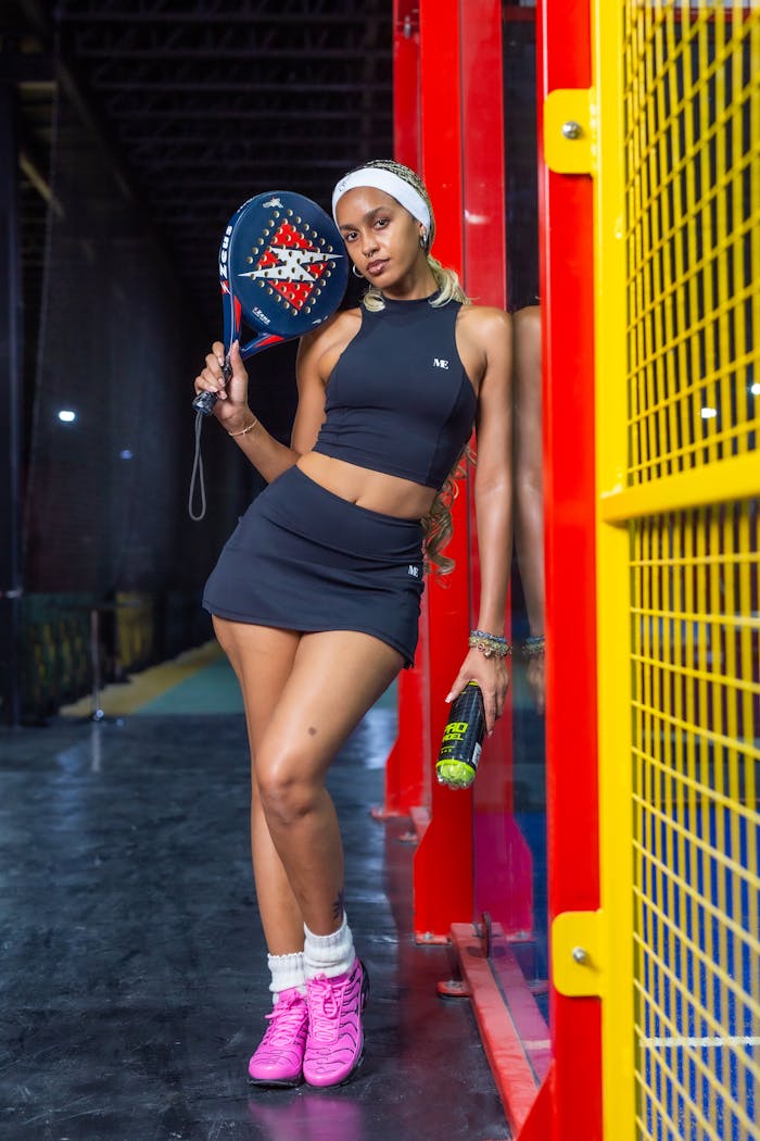our-story A stylish woman with a padel racket poses on an indoor court, showcasing a fashionable sports outfit.