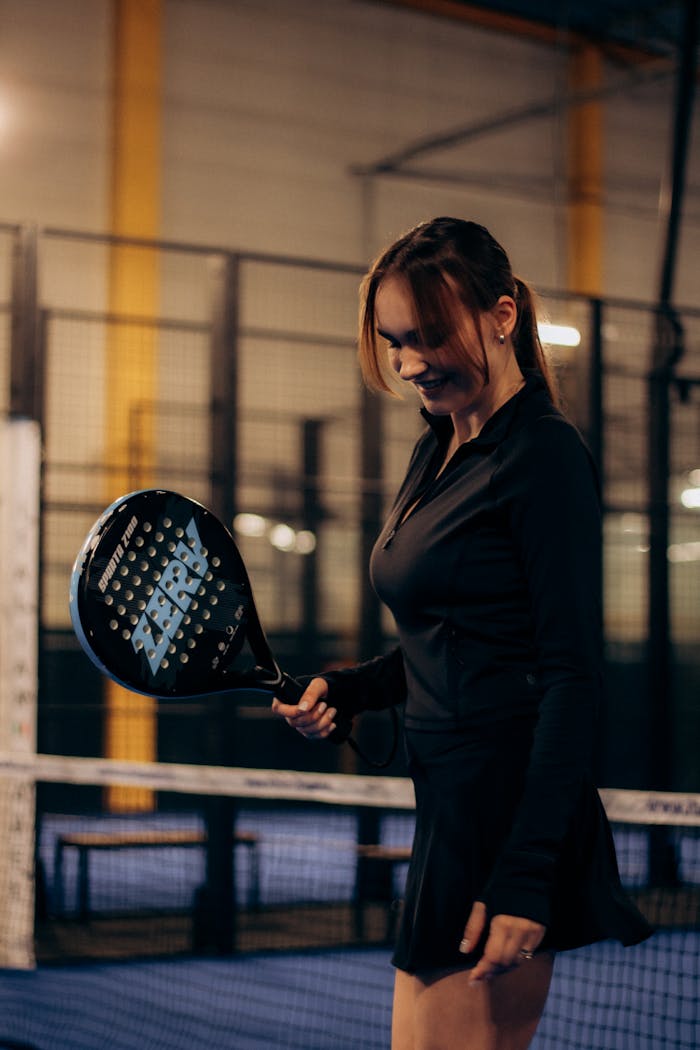 Young woman in sportswear playing padel on an indoor court under artificial lighting.