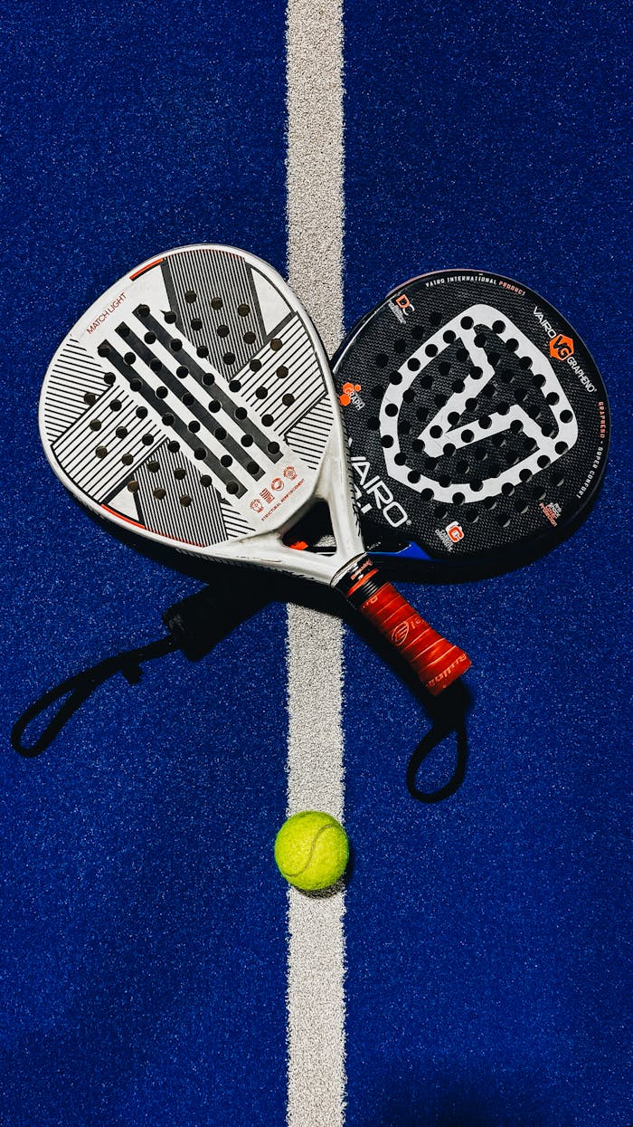Two padel rackets and a ball placed on a vibrant blue padel court. Bright outdoor shot.