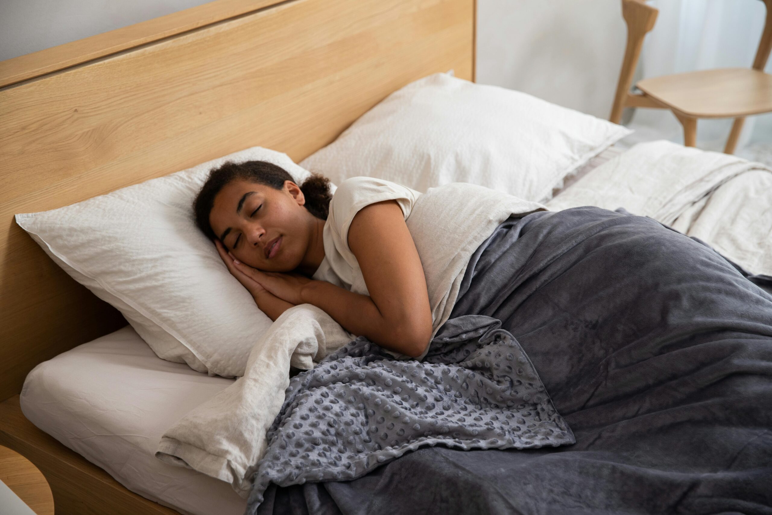 A woman peacefully sleeping in bed using a cozy weighted blanket, promoting relaxation.